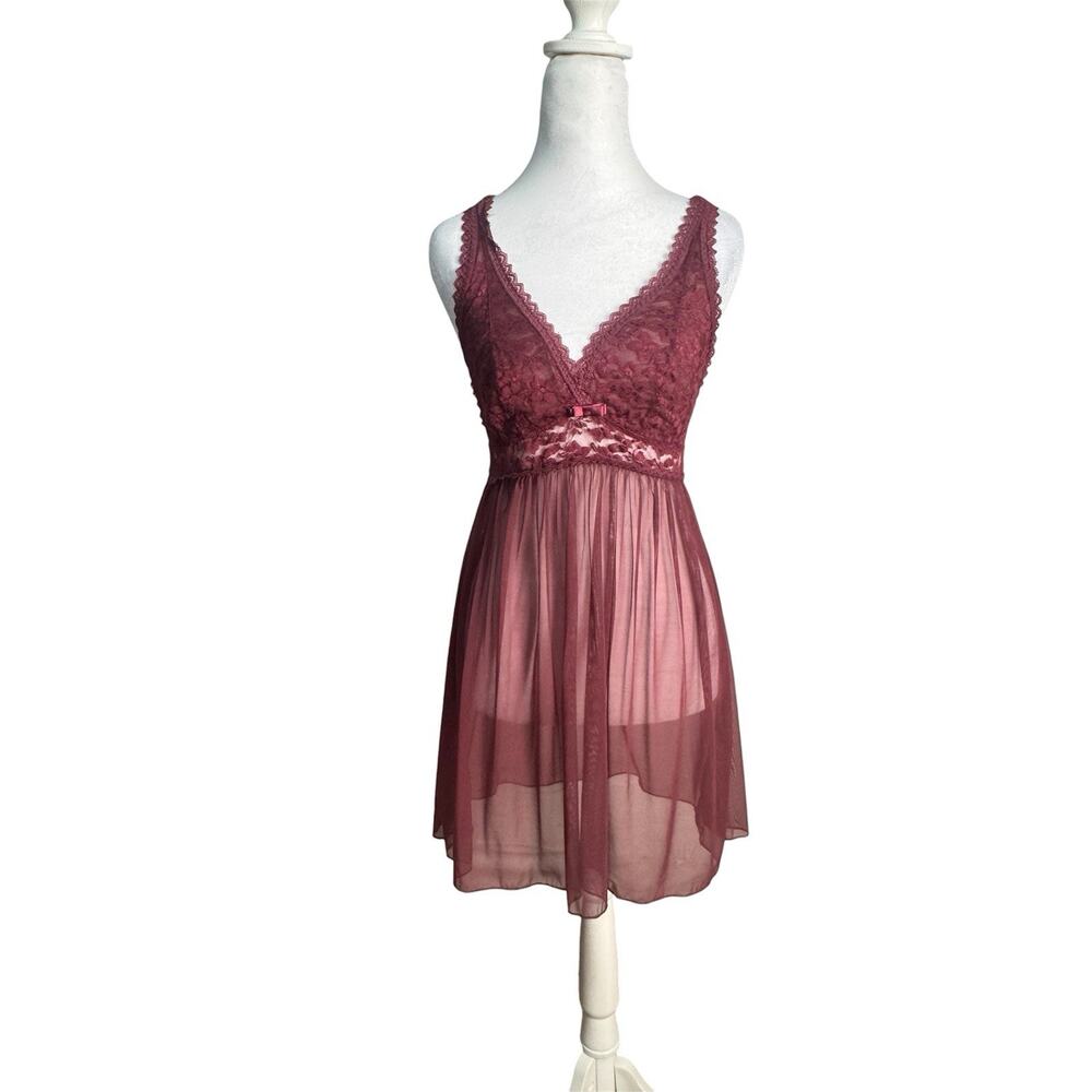 Y2K Burgundy Lace Mesh Babydoll Chemise Slip Dress Sheer Fairy Grunge Lingerie M